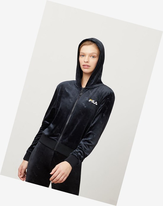 Fila Cipriana Embossed Velour Hoodie Blk/Wht | 42GQTPSYL